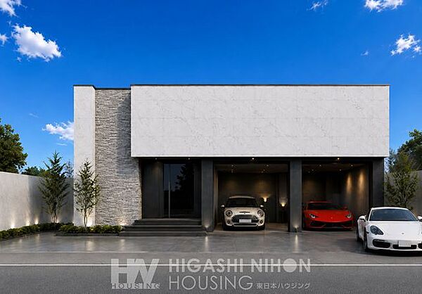 住まいとガレージが美しく調和する、洗練されたファサード。愛車を身近に感じながら暮らせる空間、趣味も日常も楽しめる住まい※掲載の外観パースは完成予想イメージです。実際の仕上がりとは異なる場合があります。