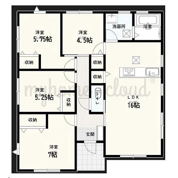 4LDK平屋プラン。LDK16帖+全室収納付きで使い勝手の良い間取り設計。