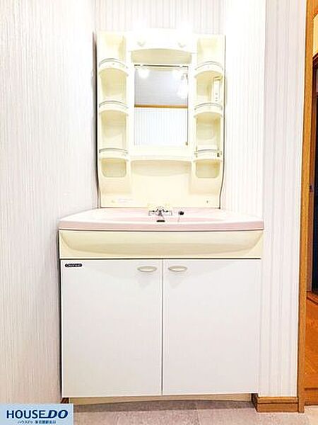 パステルピンクの洗面ボウルが愛らしい洗面化粧台です☆照明付きの三面鏡には、歯ブラシや化粧品をすっきり収納できるポケットがたくさん♪朝の身支度もスムーズに整いますね！