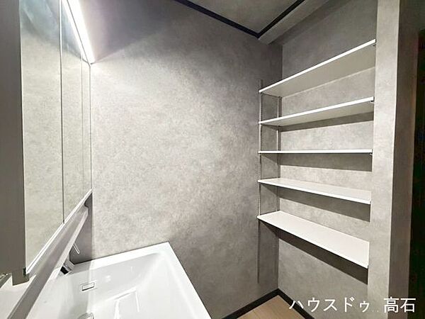 洗面所裏に大容量の可動棚！