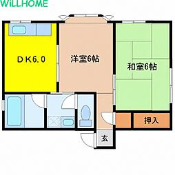 アーネスハイツわか 2DKの間取図画像