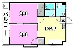 コスモリヴェール朝生田 2DKの間取図画像
