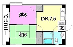 オレンジハイツ中村 2DKの間取図画像