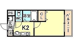 グランデ・アステール芦屋 1Kの間取図画像