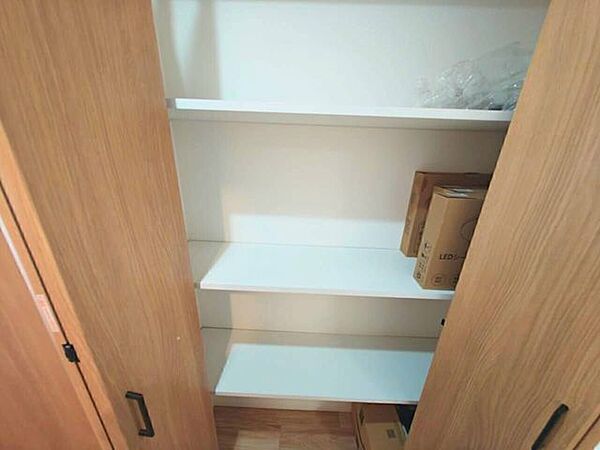 扉を開けると清潔感のあるホワイトの棚板が広がり、お部屋のナチュラルな木目デザインとも美しく調和します。すっきりと整理された空間を保ちやすい設計です。