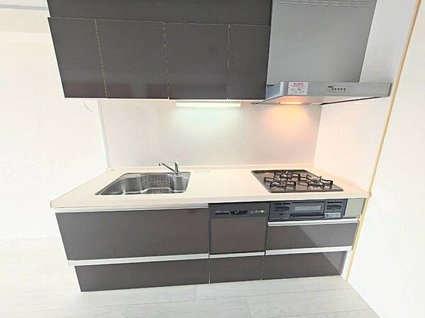 3口ガスコンロと食洗機を備えたシステムキッチン。調理と片付けの負担を軽減し、手際よく料理を進められます。