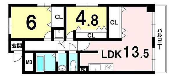 2LDK、専有面積61.32m2、ベランダ6.54m2