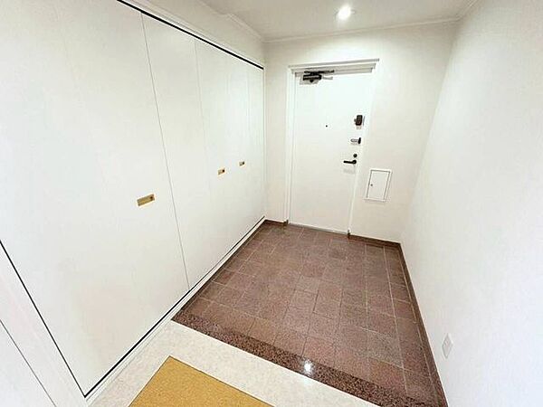 落ち着きのあるタイルフロアと白を基調とした壁面が調和する玄関スペース。壁面全体に広がる大容量のシューズイン・壁面収納を備え、すっきりとした整然たる空間を保てます。