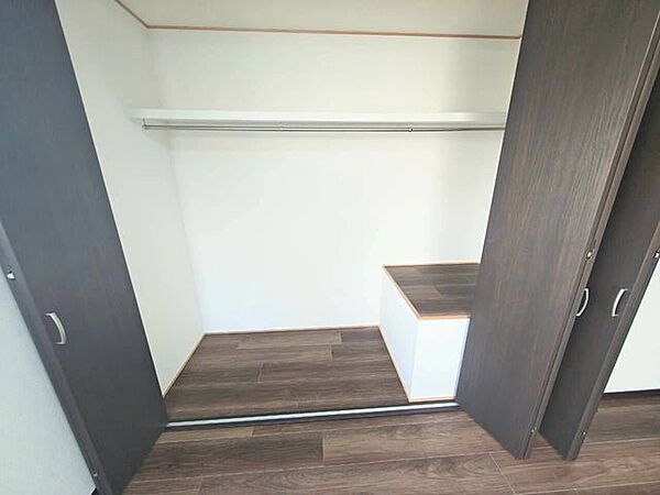 ハンガーパイプと上部棚を備えた、開口部が広く出し入れしやすい大容量のクローゼットです。