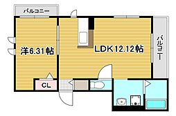 アヴニール西新町 1LDKの間取図画像
