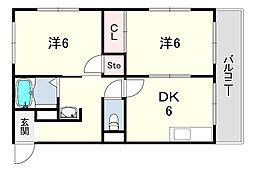 昭郷ツインハイツA棟 2DKの間取図画像