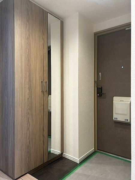 お出かけ前の身だしなみチェックに嬉しい全身ミラー付きの大型シューズボックス！深みのある木目調パネルとダークドアが織りなす上質空間。生活感を隠して靴をたっぷり整理できる機能的な玄関です。
