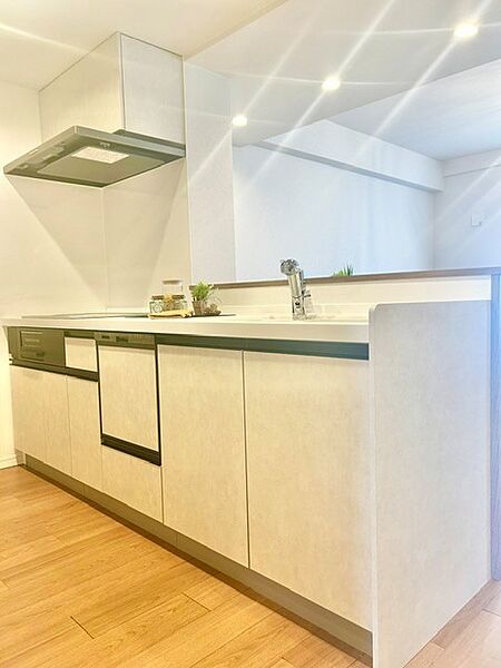 白を基調としたスタイリッシュな対面式システムキッチン！ビルトイン食洗機やレンジフード、浄水器一体型水栓を完備。リビングを見渡しながら料理を楽しめる開放的で機能美に優れたキッチンスペースです。