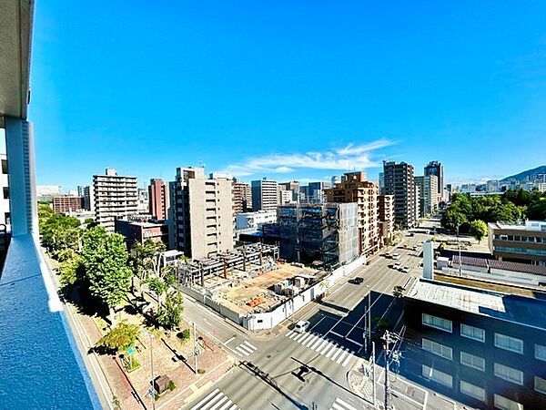 階からの見晴らしが心地よいダイナミックな街並み景観！大きな空が広がり、整然とした街路や緑豊かな街路樹を見下ろす開放的なロケーションです。心地よい風と陽光を感じながら、豊かな都心ライフを実感できます。