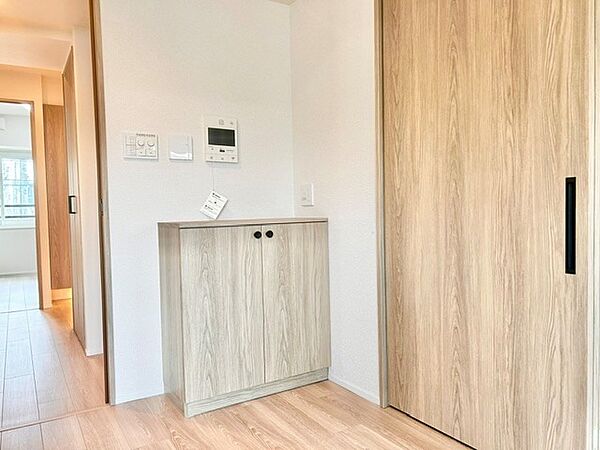 リビングに設置された利便性の高いキャビネット型収納！日常使う小物や生活雑貨をすっきり整頓できます。天板上はカウンターとしてインテリア小物を飾るなど、空間のアクセントとしても活躍する設計です。