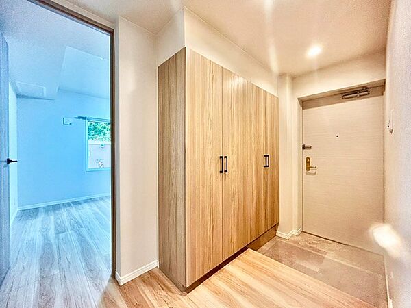 壁一面に配されたナチュラルな木目調の大型シューズボックスが目を引く玄関！豊富な収納力で空間をすっきりと保てます。室内廊下や隣接するお部屋への動線もスムーズで、温かみのある雰囲気が広がる空間です。