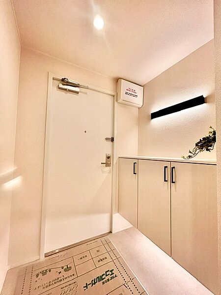 白を基調とした明るく清潔感あふれる玄関！フットライトやライン照明が柔らかな間接光を演出します。フロートタイプのシューズボックスは見た目がスッキリするだけでなく、靴の脱ぎ履きもスムーズに行えます。