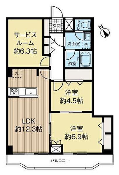 ゆとりある約12.3帖のLDKを備えた2LDK+S！バルコニーに面した陽当たりの良い洋室に加え、集中しやすい窓なしのサービスルーム（約6.3帖）を完備。全居室に収納があり、快適な暮らしを実現します。