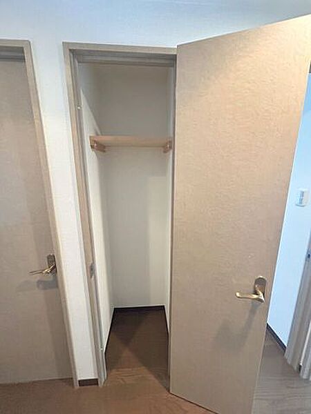 廊下にもちょっとした物を入れられる収納がございます。