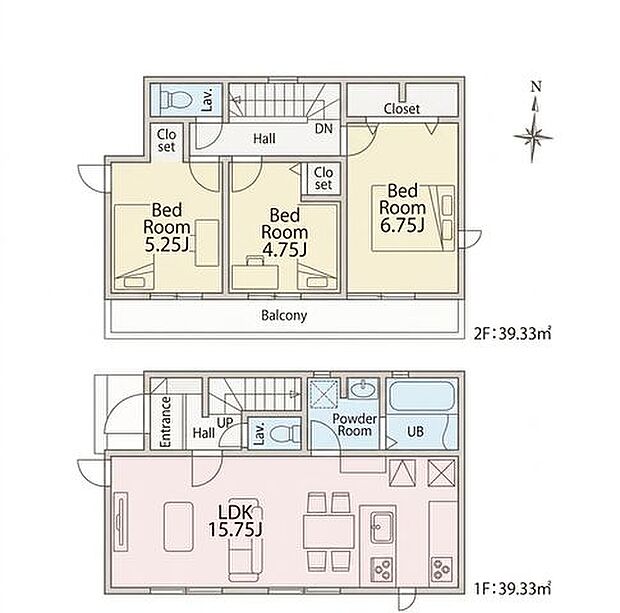 15.75帖の広々としたLDKが家族の団らんを包み込みます。1階に生活空間、2階に全室収納付きの個室を配置した実用的な間取り。ライフステージの変化にも対応できます。