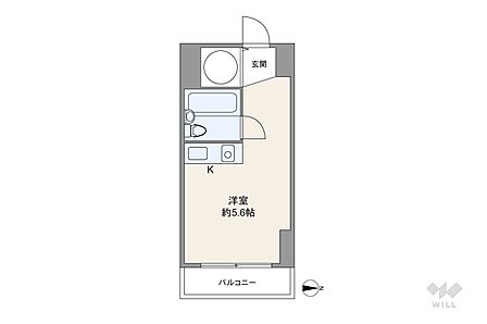 間取りは専有面積16.74平米の1R。バルコニー面積は2.56平米です。