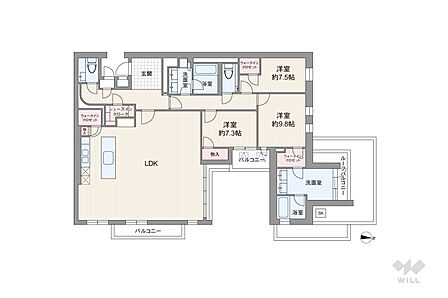 間取りは専有面積189.25平米の3LDK。広々としたLDKと7帖以上の洋室が3部屋設けられたゆとりあるプラン。3か所のウォークインクロゼットやシューズインクロークなど豊富な収納が魅力です。