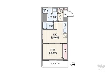 間取りは専有面積28.8平米の1DK。DKが中央に配置されたプラン。バルコニー面積は4.32平米です。