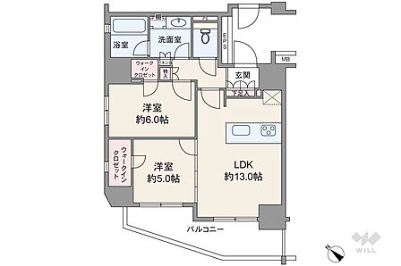 間取りは専有面積60.06平米の2LDK。LDK約13帖の縦長リビングのプラン。バルコニー面積は10.28平米です。