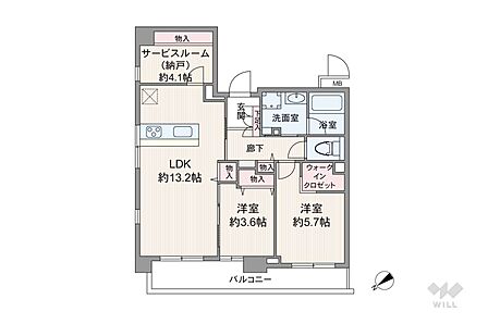 間取りは専有面積61.03平米の2SLDK。LDK約13.2帖のプラン。バルコニー面積は8.78平米です。