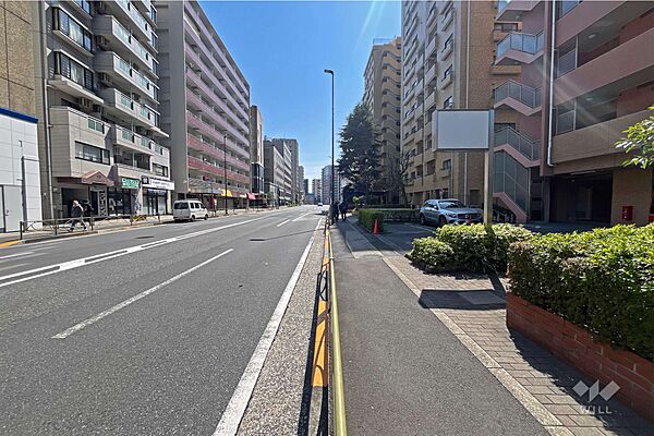 敷地東側の前面道路は春日通りです（南側から）。