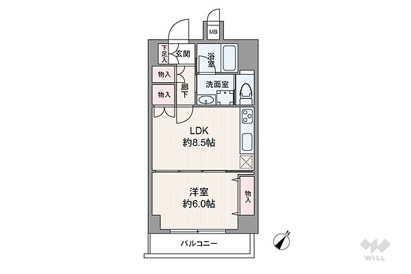 間取りは専有面積36.88平米の1LDK。バルコニー面積は11平米です。