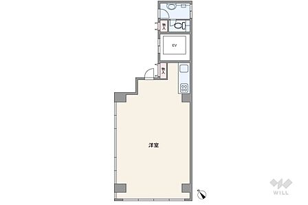 間取りは専有面積47.36平米の1R。住戸内にキッチンは設置されていますが、洗面室・トイレは共用スペースにあります。