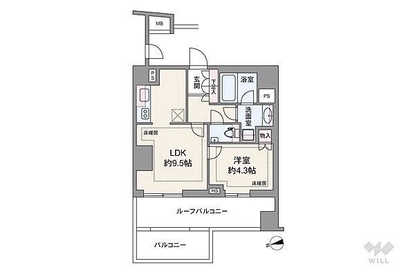 間取りは専有面積36.53平米の1LDK。LDK約9.5帖のプラン。バルコニー面積は4.63平米です。