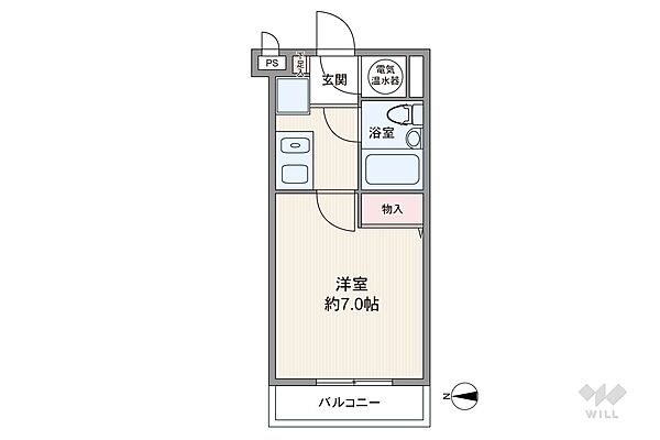 間取りは専有面積19.5平米の1K。バルコニー面積は2.15平米です。