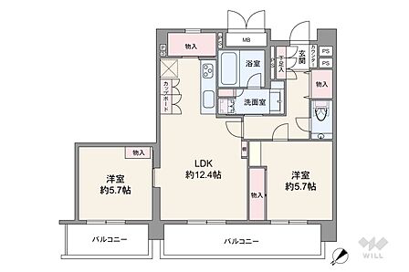 間取りは専有面積60.15平米の2LDK。LDK約12.4帖のプラン。バルコニー面積は11.78平米です。