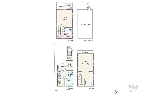 間取りは延床面積79.63平米の2LDK。屋上ルーフバルコニー付き、2階リビングのプラン。LDKはスペースを仕切りやすい袖壁が設けられています。