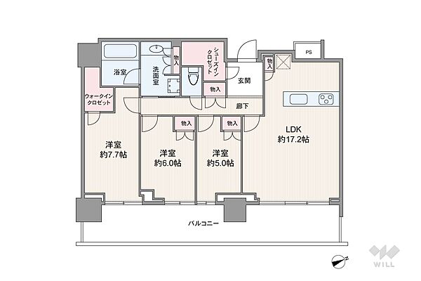 間取りは専有面積85.65平米の3LDK。バルコニー面積は22.8平米です。