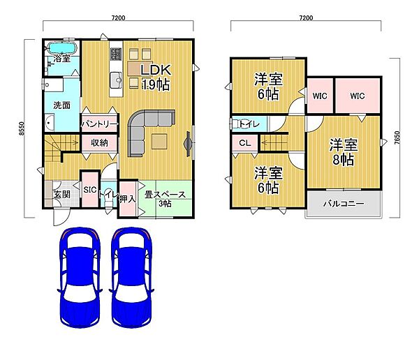 参考間取り。土地面積138.45m2、建物面積105.30m2、土地価格2657万円、建物価格1623万円