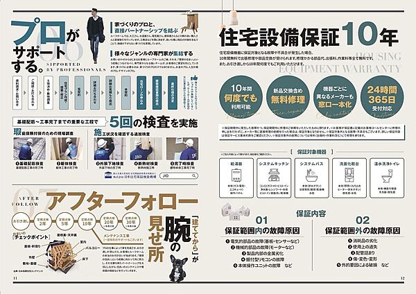 【検査・アフターまで安心サポート】住宅設備は10年保証付きで故障時も無料対応。24時間365日受付に加え、施工中は5回の検査で品質管理。引渡し後も定期点検で安心が続きます。