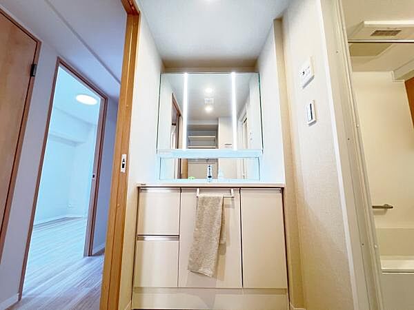 洗面化粧台です。朝の身支度から1日が始まります。