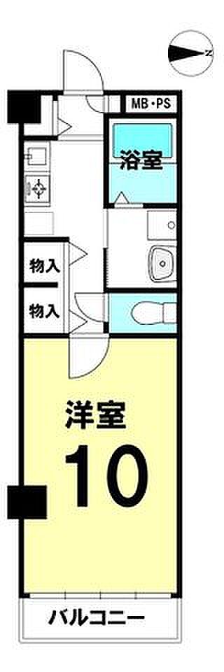 約10帖のゆとりある洋室を備えた間取り。水回りがまとまり、バルコニー付きの住戸です。