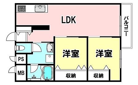 15畳以上のLDKと洋室2部屋の2LDK。各居室に収納を備え、ゆとりある暮らしを支える間取りです。
