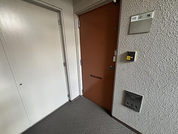 落ち着いた色調の玄関ドア周辺スペースです！インターホンの新調や照明の工夫により、防犯面でも配慮された安心感あふれるエントランスへアップデートしていただけます♪