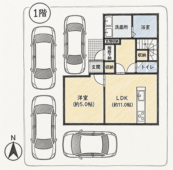 1階はLDK約11帖＋洋室約5帖を配置。各所に収納スペースを備え、ゆとりある駐車スペースも魅力の住まいです。