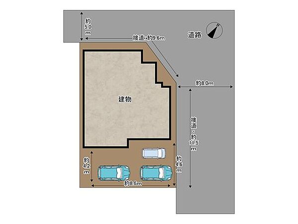 【区画図】駐車は並列2台、軽自動車であれば3台可能です。