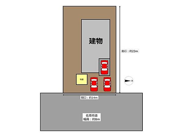 【配置図】普通車3台駐車できます。ゆとりのある敷地で、お車の出し入れもスムーズです。駐車スペースのご参考に活用ください。