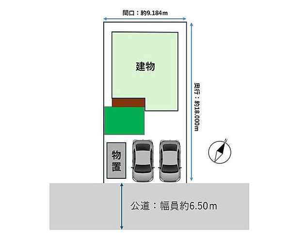 【敷地配置図】駐車2台可能。人工芝、ウッドデッキ、物置も設置があり、戸建住宅の魅力が詰まったおうちです。