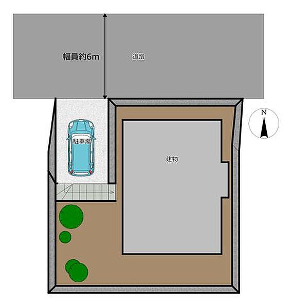 【区画図】駐車場は1台可能です。前面道路も約6ｍと広いので、駐車もしやすいです。