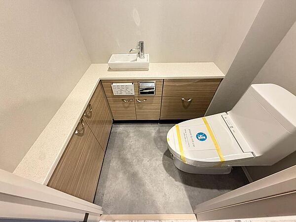 手洗いカウンターを備えた、ゆとりあるトイレ空間。木目調の収納キャビネットが落ち着いた雰囲気を演出し、トイレットペーパーや掃除用品も収納できます。使う場所だからこそ、機能性とデザイン性が嬉しい設備です。