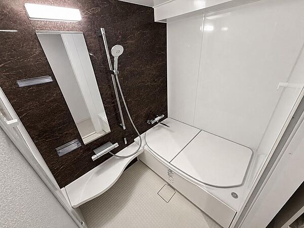 濃い色のアクセント壁が落ち着いた印象の浴室。鏡や棚、シャワーが備わり、ゆっくりと入浴できそうです。浴槽にはふたがあり、お湯の温度を保ちたいときにも便利。広さや使い勝手をぜひ一度現地でお確かめください。